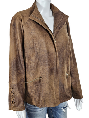 Chico's Distressed Brown Faux Suede Leather Lace Up Sleeve Zip Front Moto Jacket